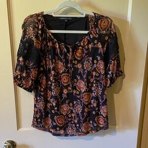 Black Floral Blouse with Crochet Sleeves